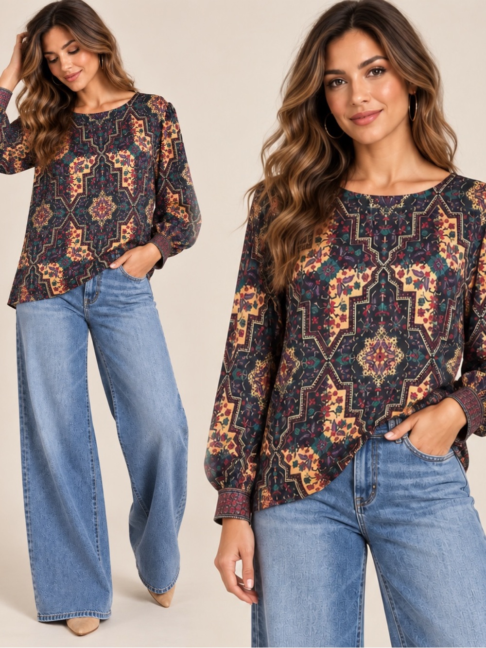 LOFT Multi-Color Geometric Floral Long-Sleeve Tunic